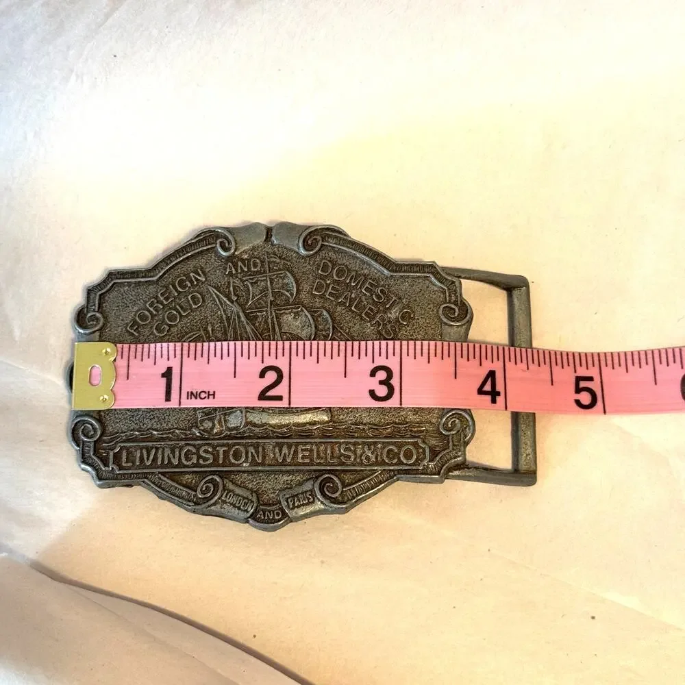 Vintage Circa 70s Pewter Livingston Wells & Co Gold Dealers Belt Buckle